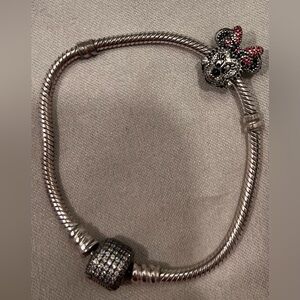 Pandora Silver Bracelet with Barrel Cuff 6.3 inches Includes Minnie Mouse Charm
